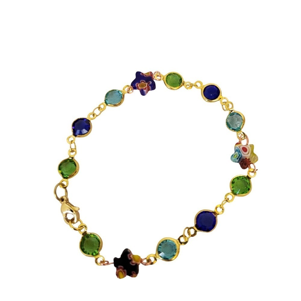 Gold Tone Multi Color Gemstone & Millefiori Flower Charm Bracelet